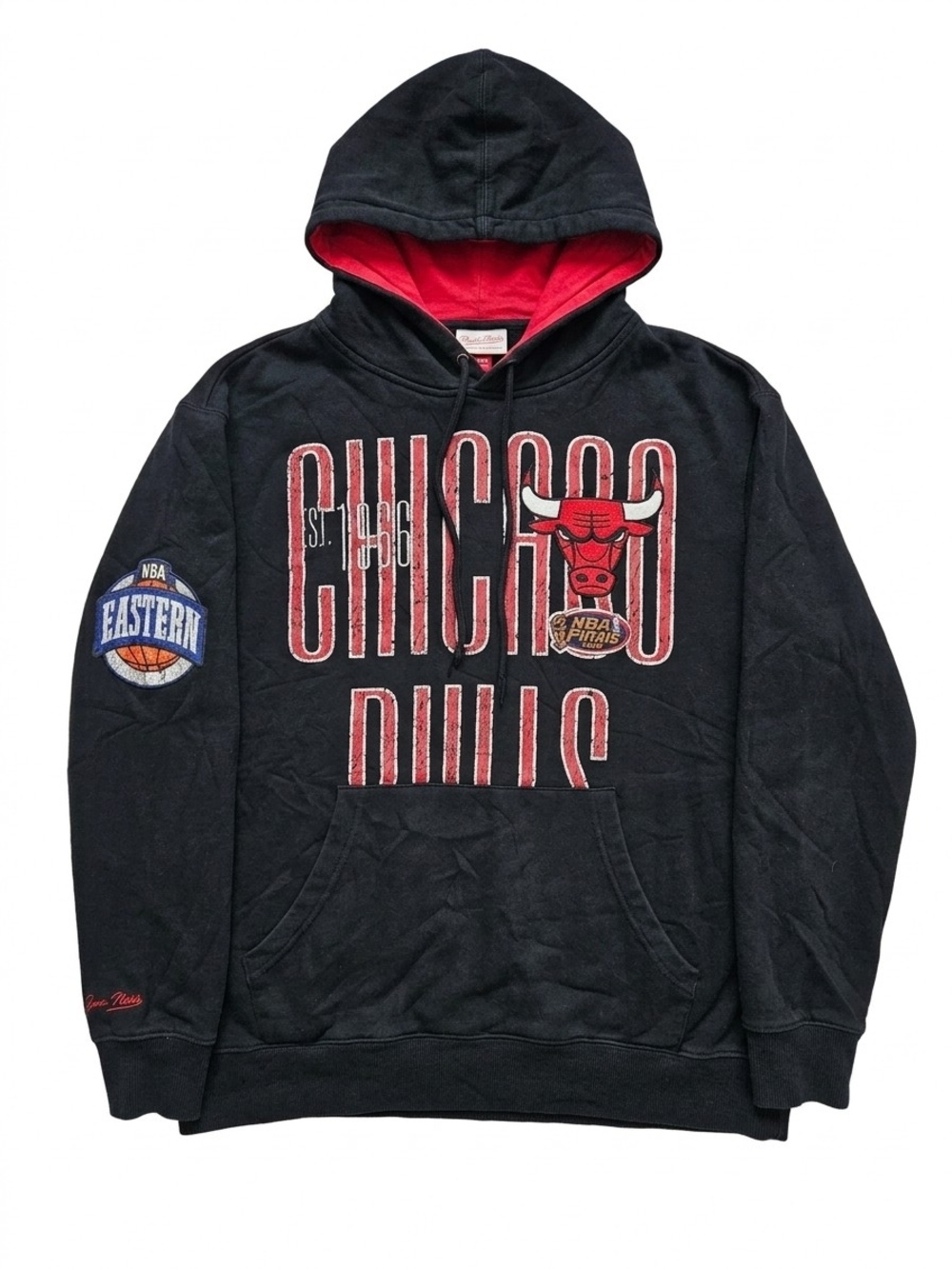 Mitchell & Ness Black Hoodie with Red Lined Hood and Chicago Bulls Front Graphic